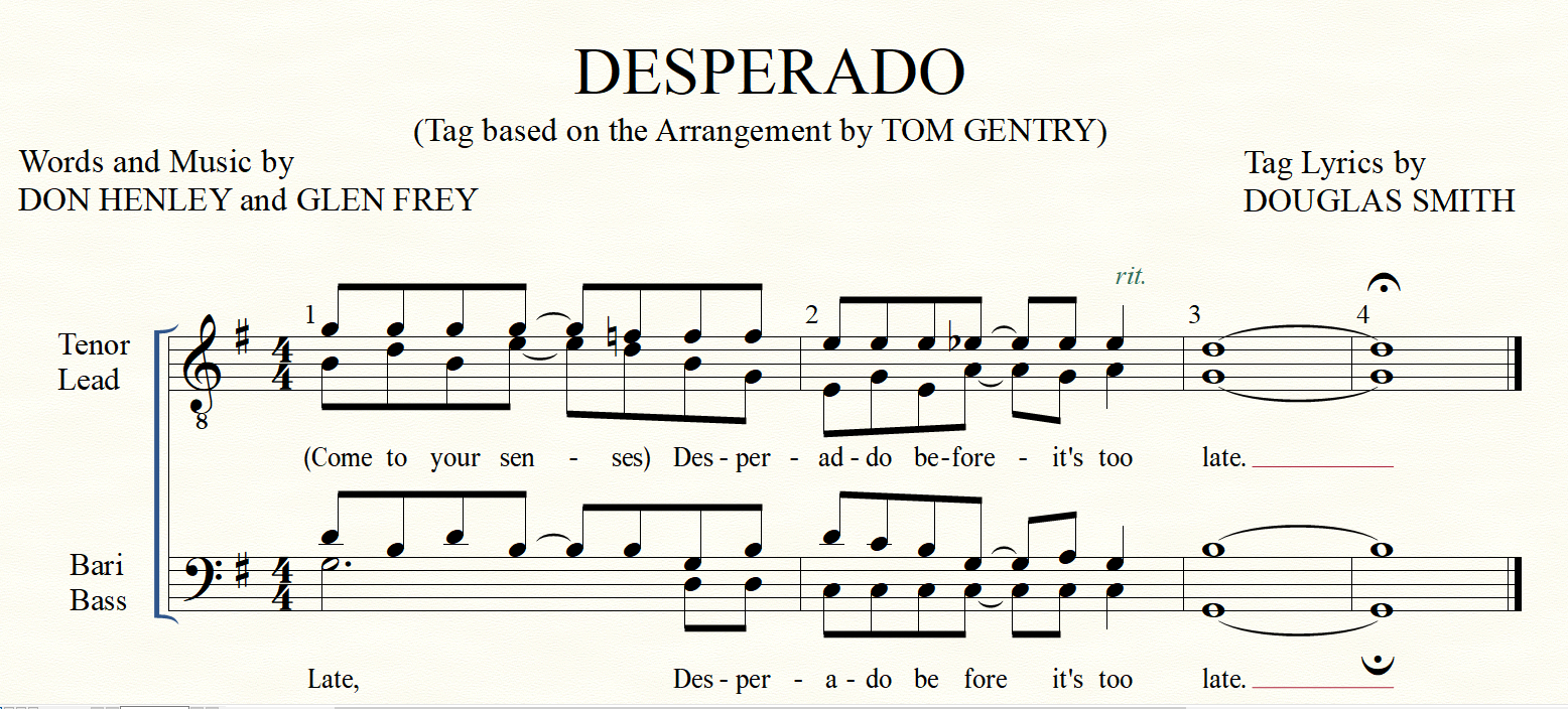 Barbershop Tags - Desperado (Simple, similar chords to original recording)